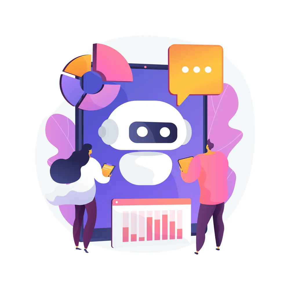 Ilustración de dos personas trabajando en una computadora con una interfaz de chatbot, analizando datos y gráficos.