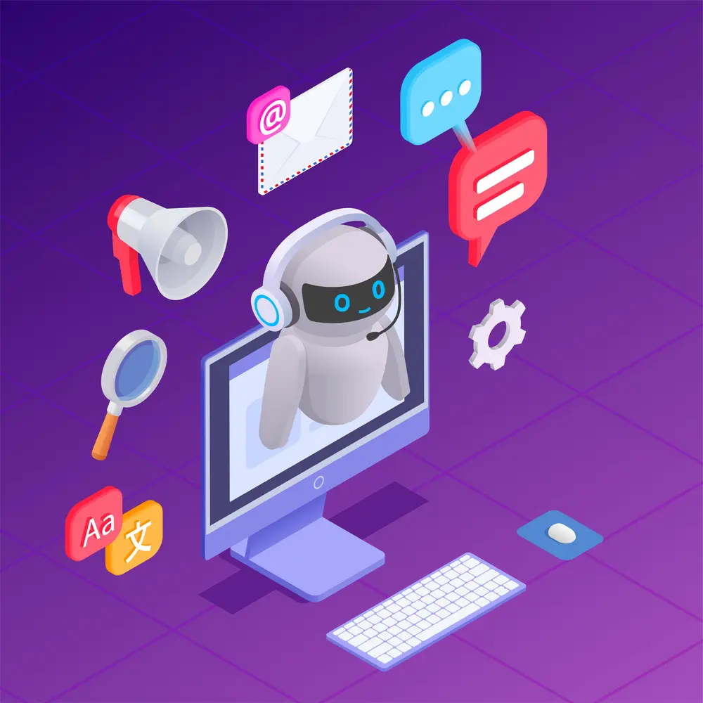 Un robot con auriculares dentro de una computadora, rodeado de iconos de correo electrónico, chat y otros servicios, representando la atención al cliente automatizada.