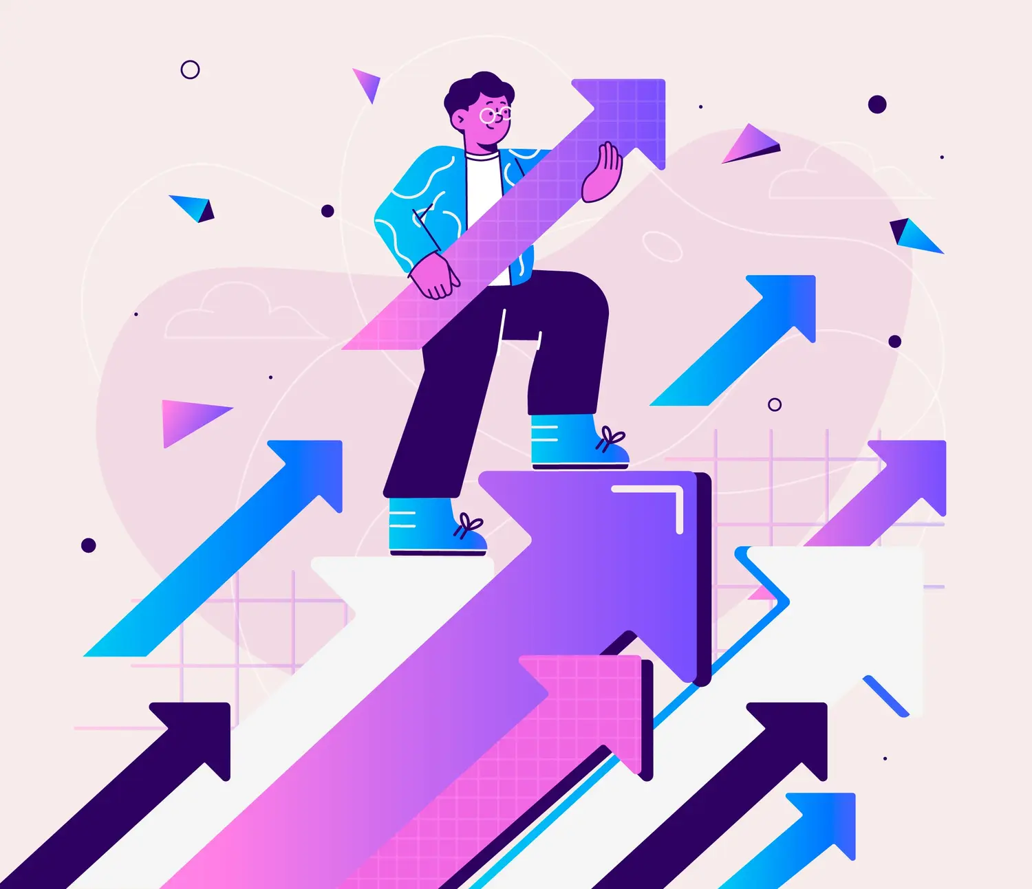 Ilustración de una persona sosteniendo una gran flecha, simbolizando el logro de objetivos.