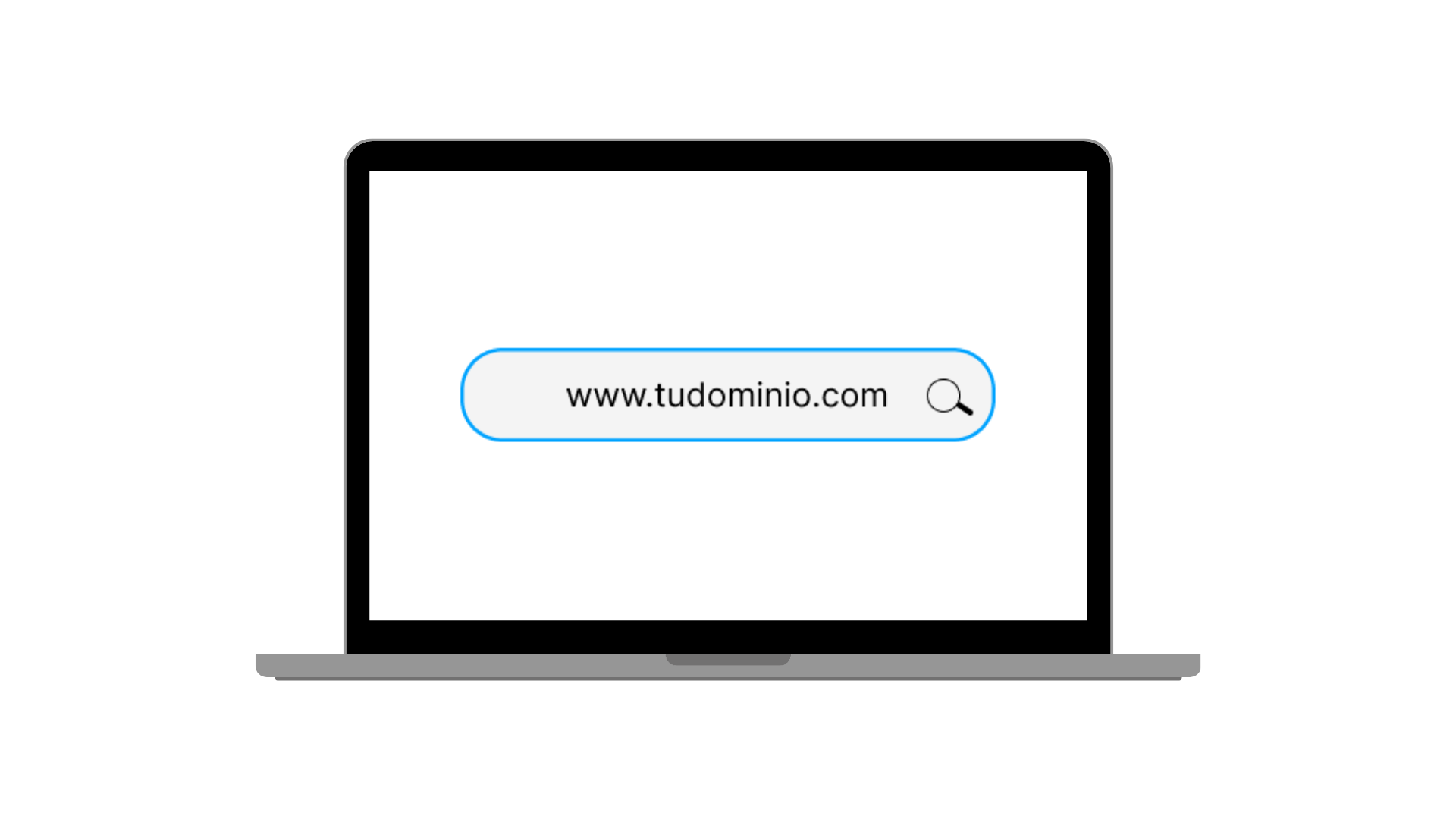 Vista frontal de una computadora portátil con la pantalla encendida. En la barra de direcciones del navegador se puede ver la URL www.tudominio.com resaltada.