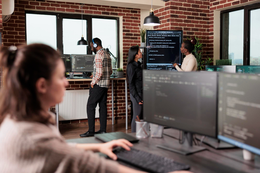 Equipo de desarrolladores colaborando en una oficina moderna, revisando código en múltiples pantallas y discutiendo ideas frente a un monitor grande.