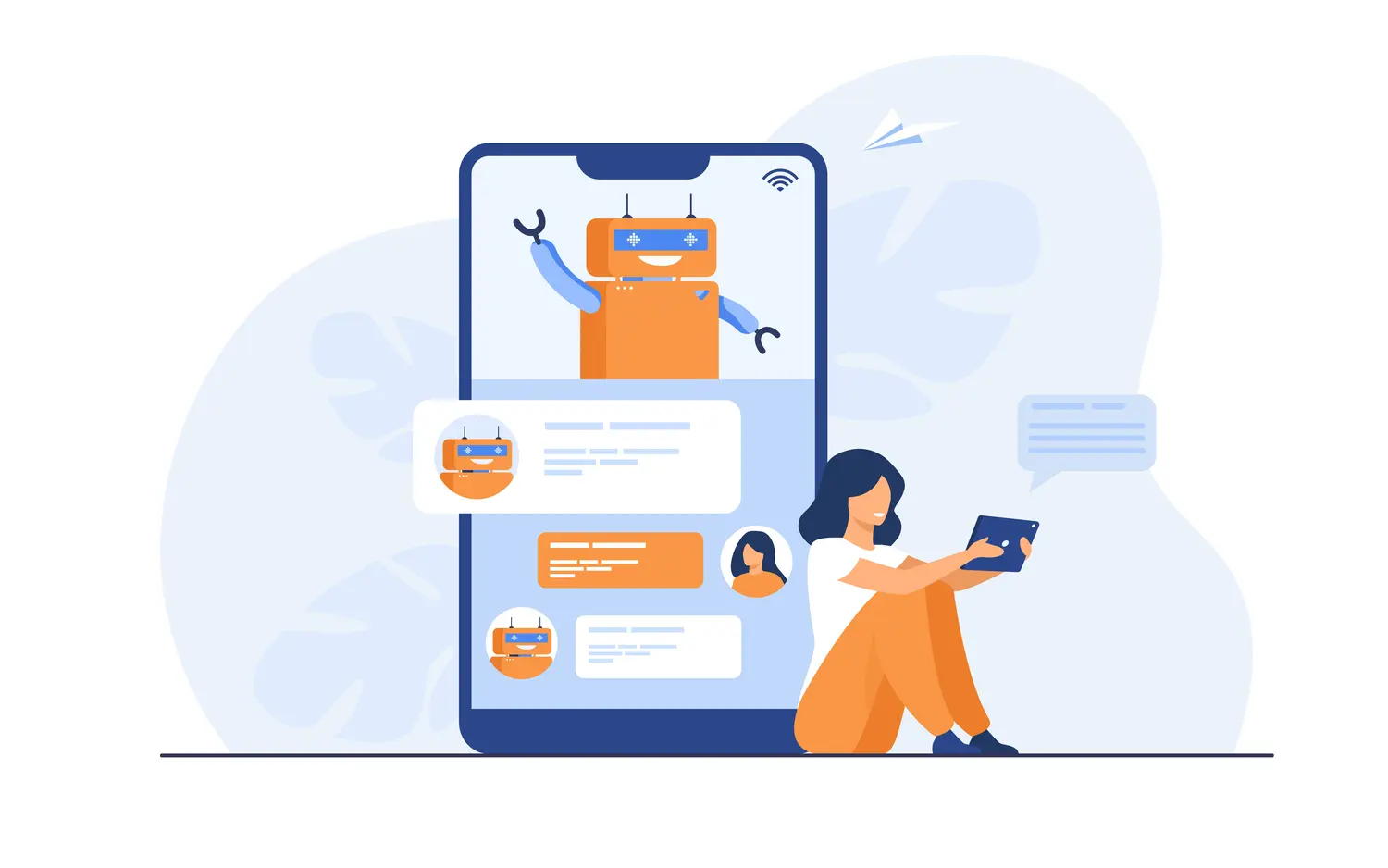 Ilustración de una mujer utilizando un chatbot en su teléfono móvil para resolver una consulta.