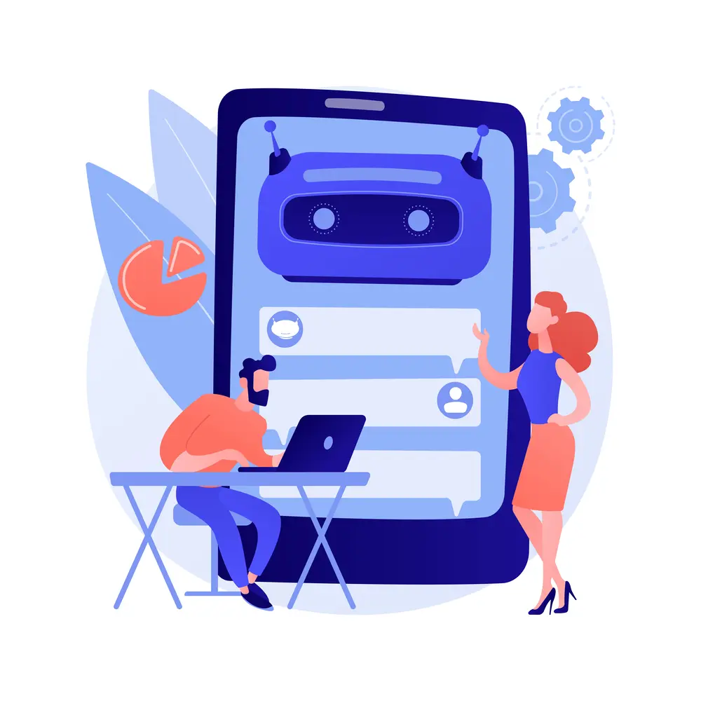 Ilustración de un equipo de trabajo utilizando un chatbot para mejorar la eficiencia y la comunicación.