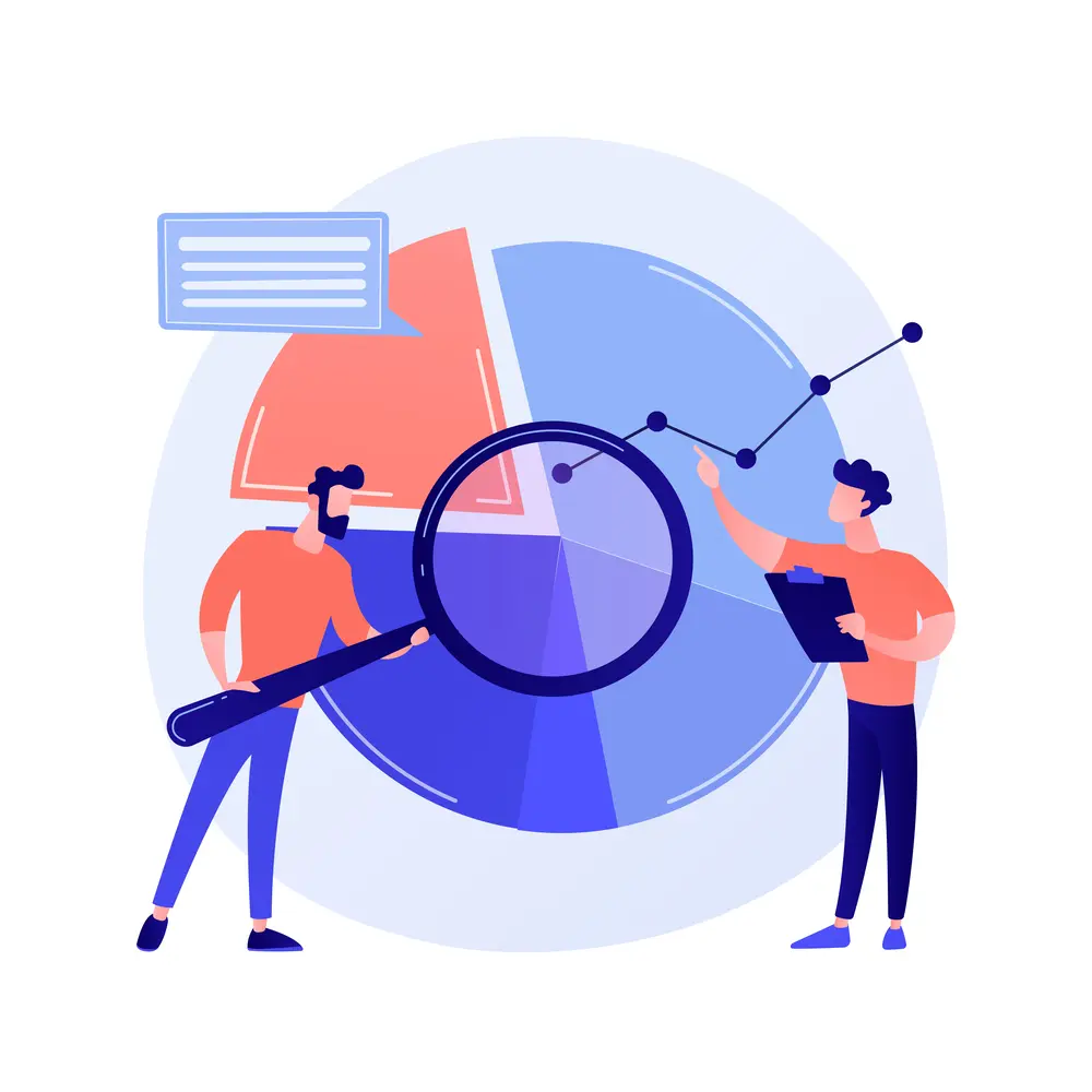 Ilustración de dos personas analizando un gráfico circular con una lupa.